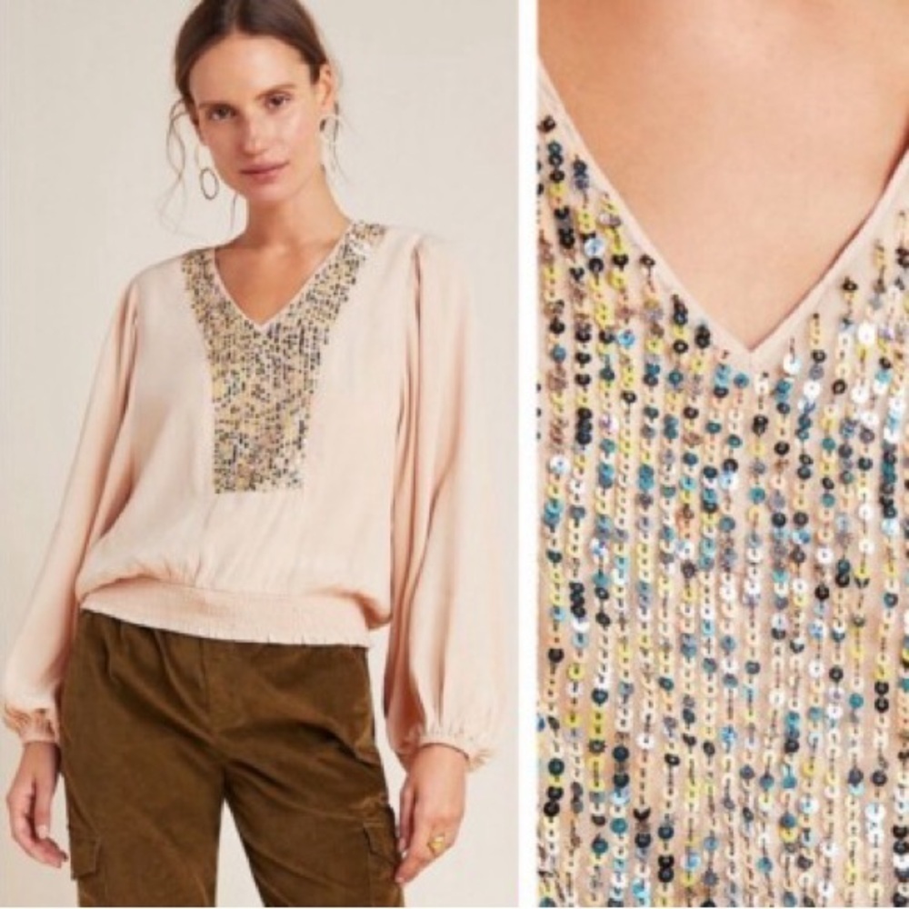 Anthropologie Maeve Balloon Sleeve Blush Sequin Top